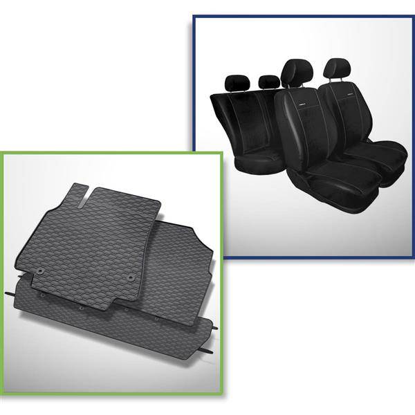 Ensemble: tapis de voiture en caoutchouc + housses de siège confectionnées  sur mesure pour Peugeot Partner II Van (2008-2018) - Premium