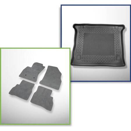 Ensemble: tapis velours + tapis de coffre pour Fiat Doblo II (2010-2022) 5 porte - Standard - 5 places ; voitures avec préparation pour le plancher amovible du coffre