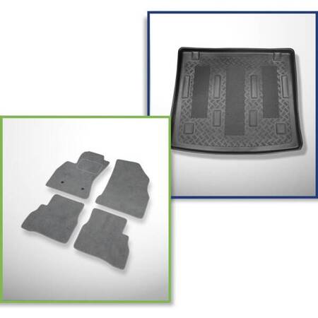 Ensemble: tapis velours + tapis de coffre pour Fiat Doblo II (2010-2022) 5 porte - Standard - 7 places (possibilité de découper les ouvertures pour les sieges de 3e rangée)