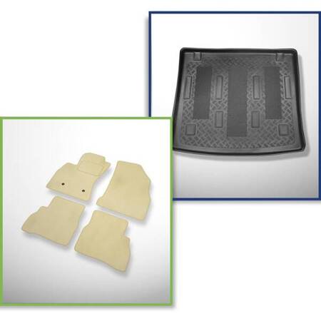 Ensemble: tapis velours + tapis de coffre pour Fiat Doblo II (2010-2022) 5 porte - Standard - 7 places (possibilité de découper les ouvertures pour les sieges de 3e rangée)