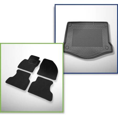 Ensemble: tapis velours + tapis de coffre pour Ford Focus II (2005-2010) 3 porte, 5 porte - Standard - avec roue de secours à usage temporaire ou kit de réparation