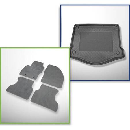 Ensemble: tapis velours + tapis de coffre pour Ford Focus II (2005-2010) 3 porte, 5 porte - Standard - avec roue de secours à usage temporaire ou kit de réparation