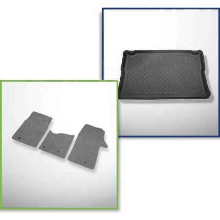 Ensemble: tapis velours + tapis de coffre pour Renault Trafic III (09.2014-....) 5 porte - Guardliner - version pour le transport de passagers (break / tour); derriere 3e rangée de sieges; version courte (short); sièges non coulissants, montés sur crochet