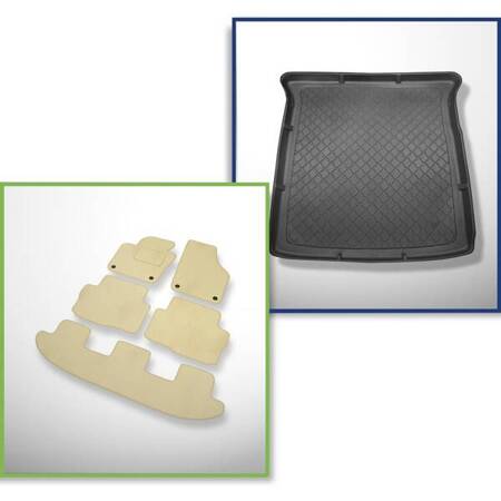 Ensemble: tapis velours + tapis de coffre pour Volkswagen Sharan II (09.2010-....) 5 porte - Guardliner - 7 places; 3me rangée abaissée